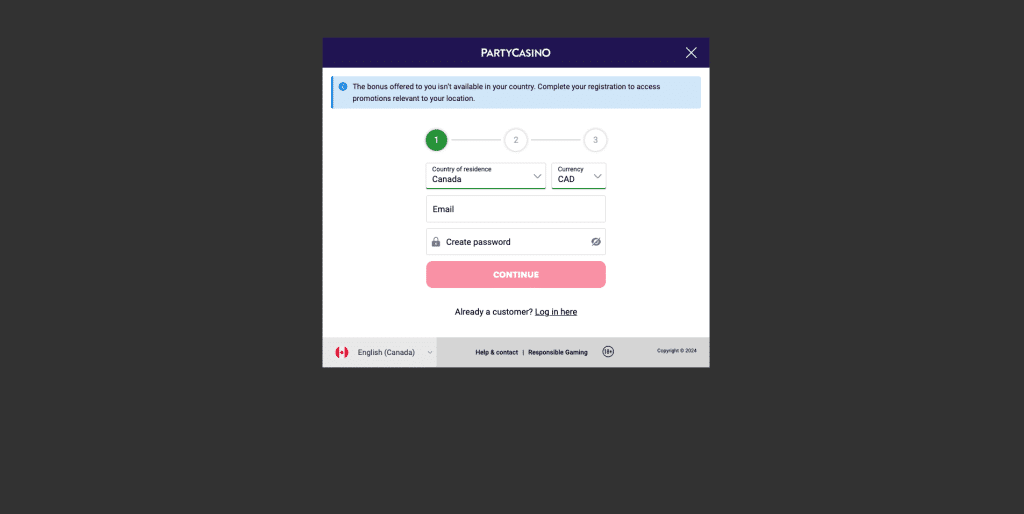 Party Casino registration