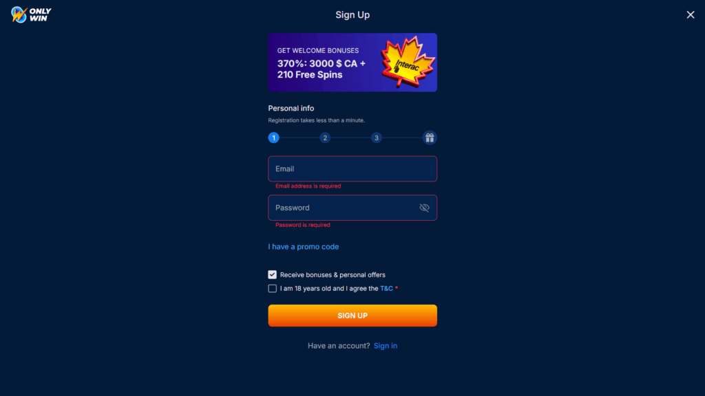 Only Win casino registration