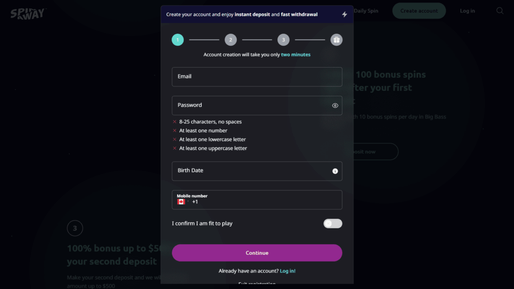 Spinaway casino registration