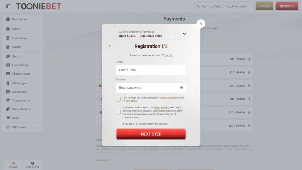 ToonieBet casino registration