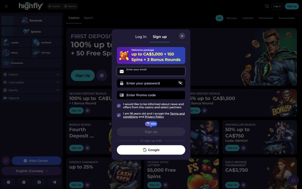 HighflyBet casino registration