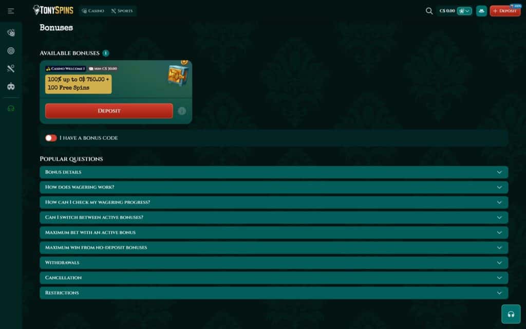 TonySpins casino bonuses