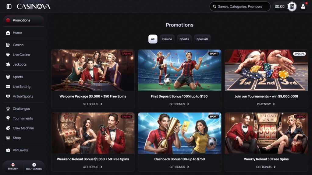 Casinova casino bonuses