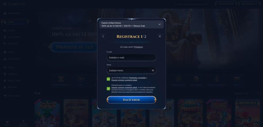 Cazeus casino registrační formulář