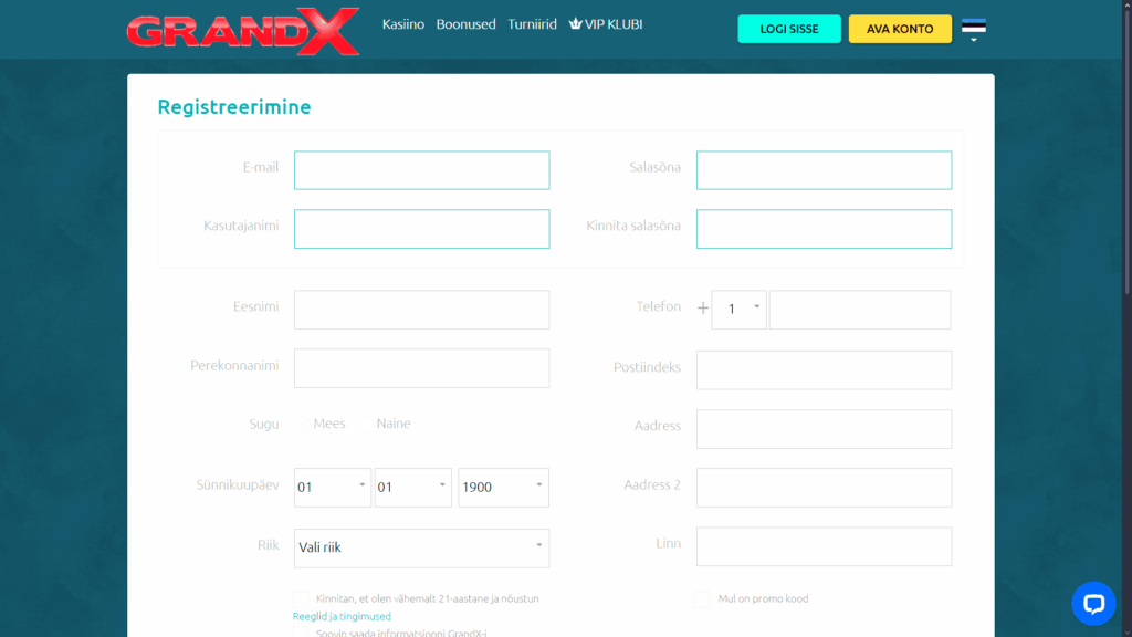 GrandX kasiino registreerimine