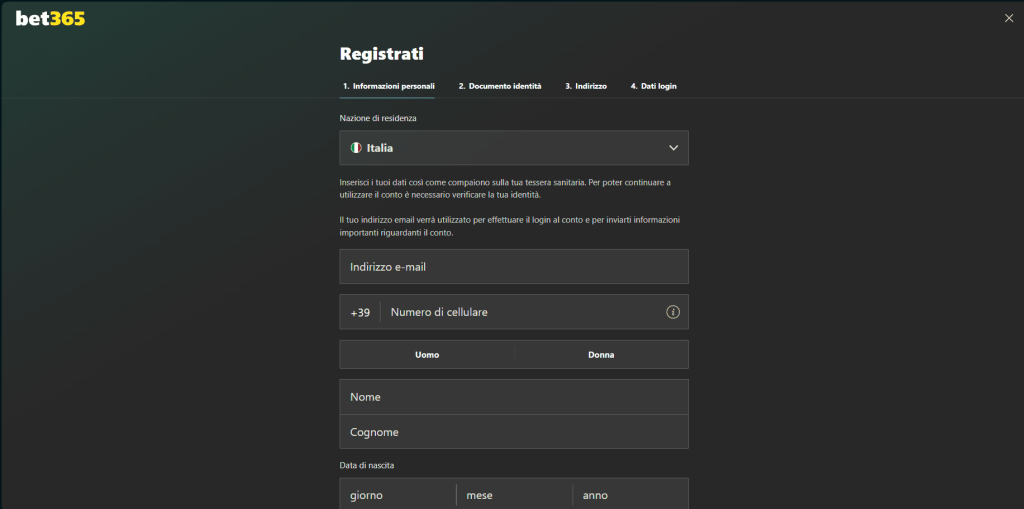 Registrazione al casinò bet365