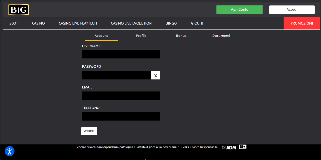 Registrazione al casinò Big