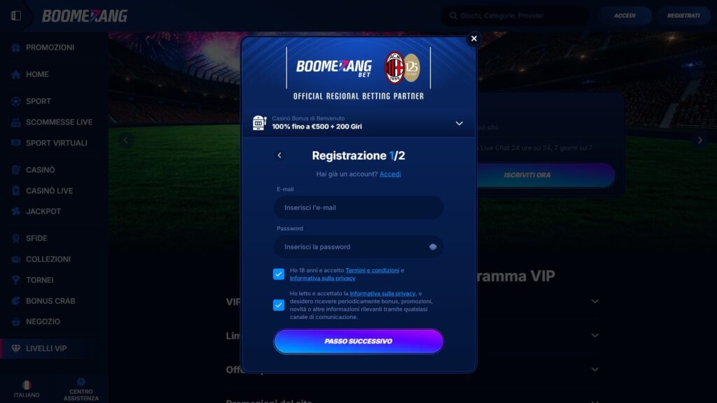 Registrazione al casinò Boomerang Bet