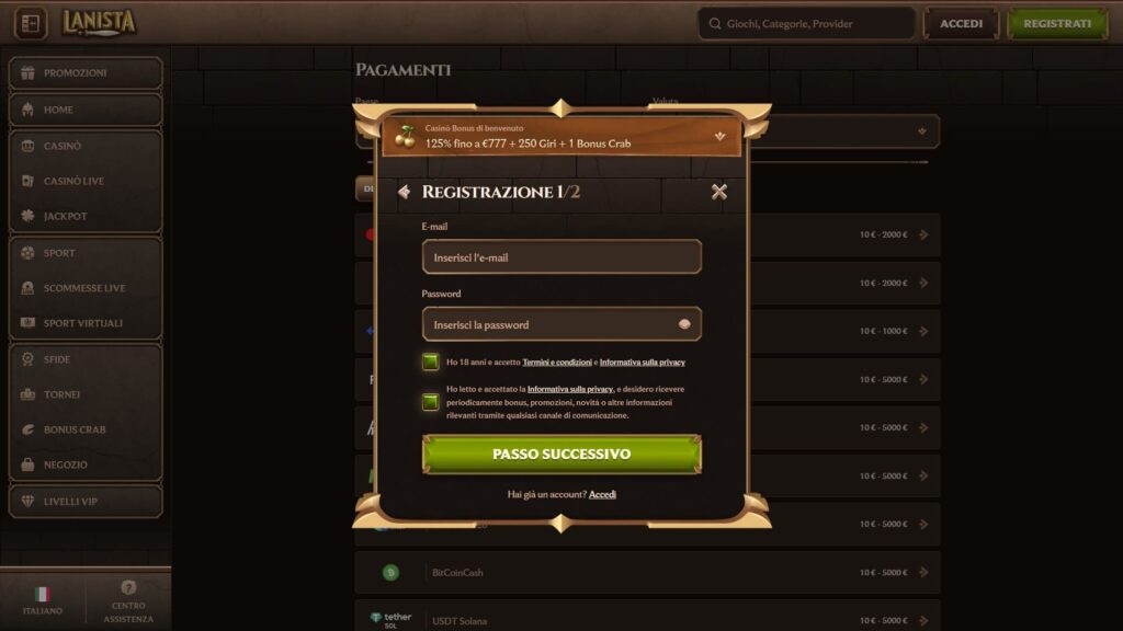 Registrazione al casinò Lanista