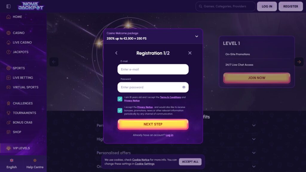 Registrazione al casinò NovaJackpot