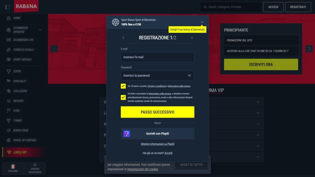 Registrazione al casinò Rabona