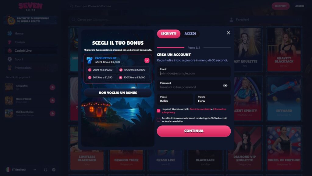 Registrazione al casinò Seven