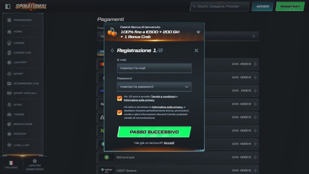 Registrazione al casinò Spinational
