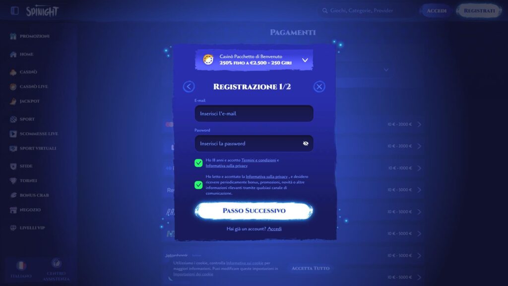 Registrazione al casinò Spinight
