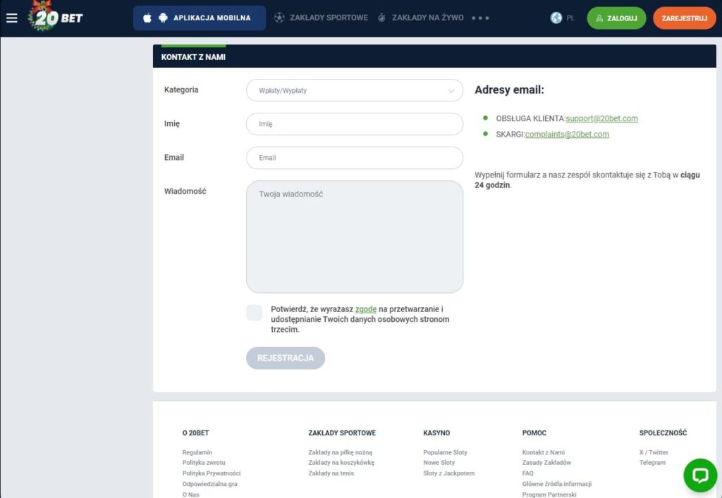20Bet Casino kontakty