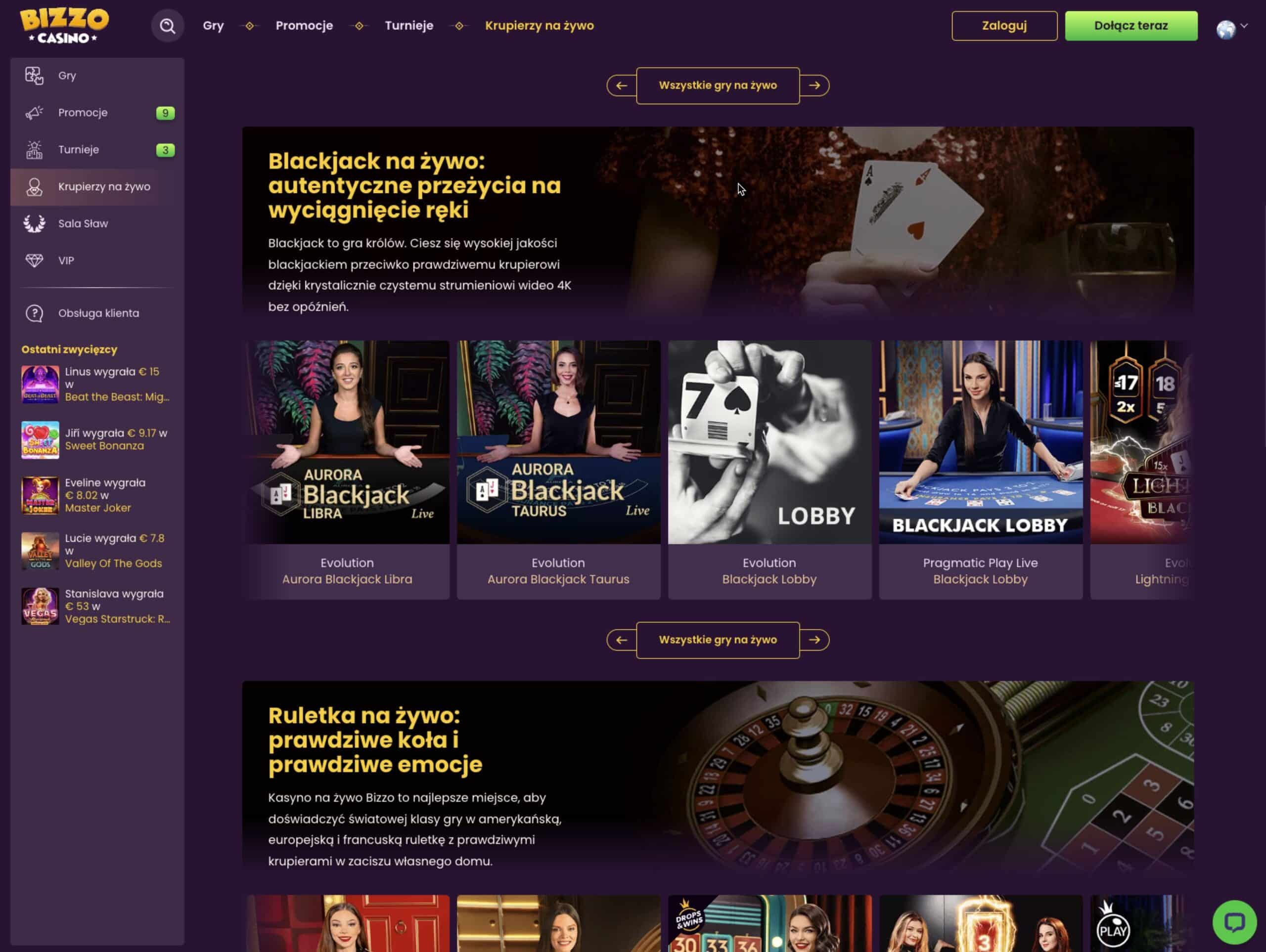 Bizzo casino gra z krupierami na żywo