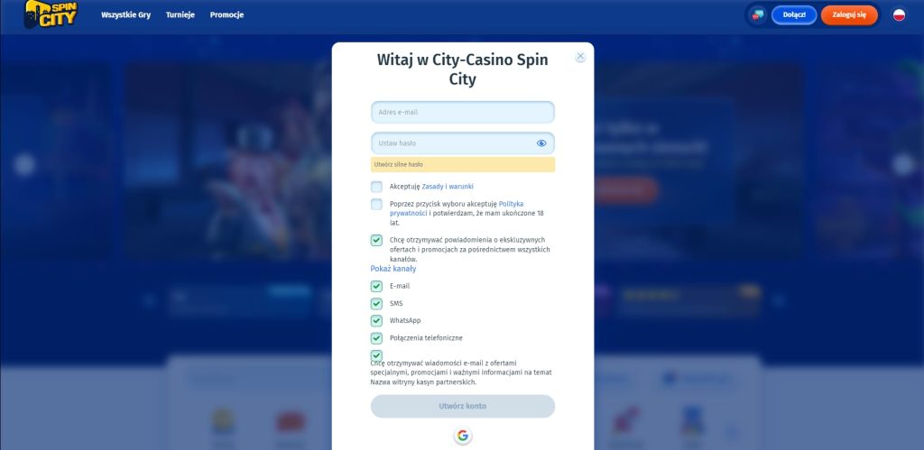spin city Rejestracja