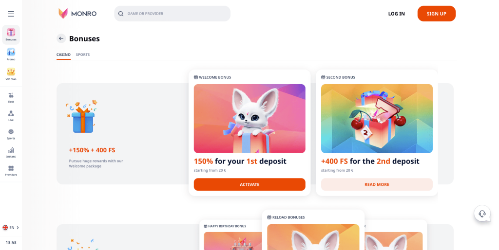 Monro casino bonusy