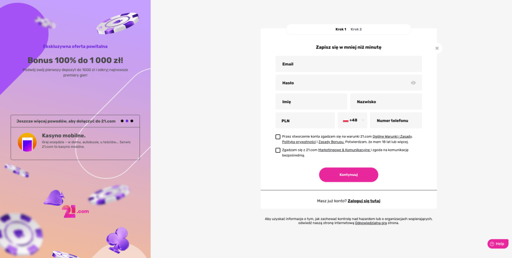 21com casino rejestracja konta