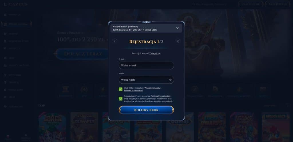 Cazeus casino rejestracja konta