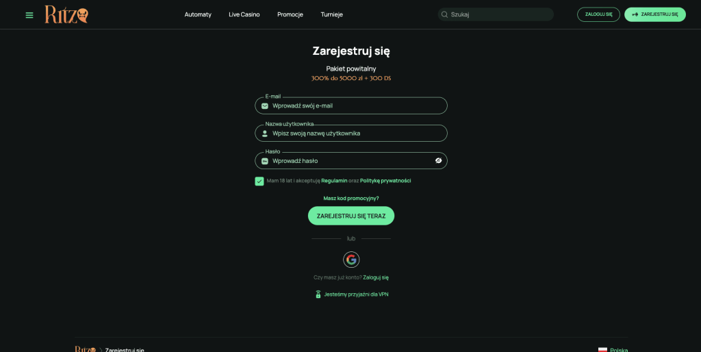 Ritzo casino rejestracja konta