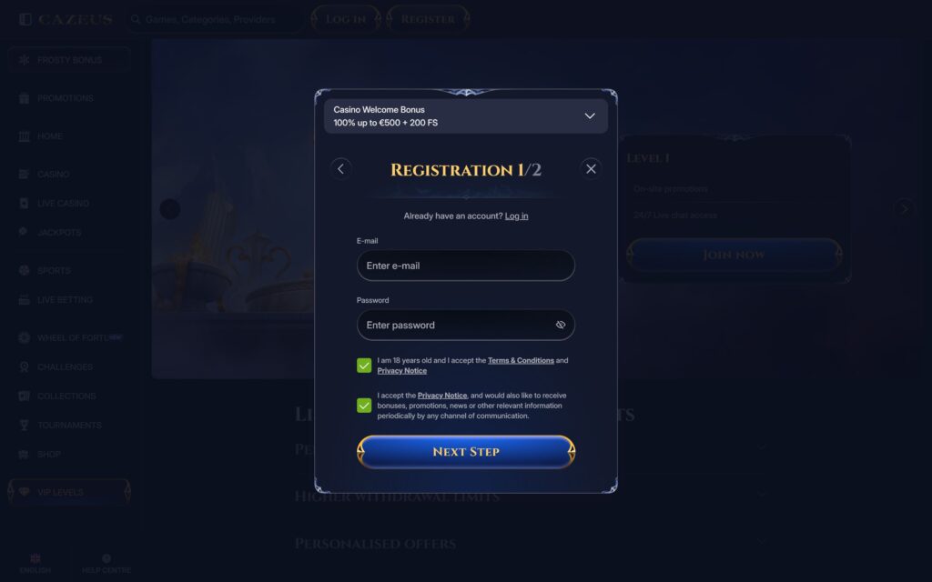 Cazeus casino registration