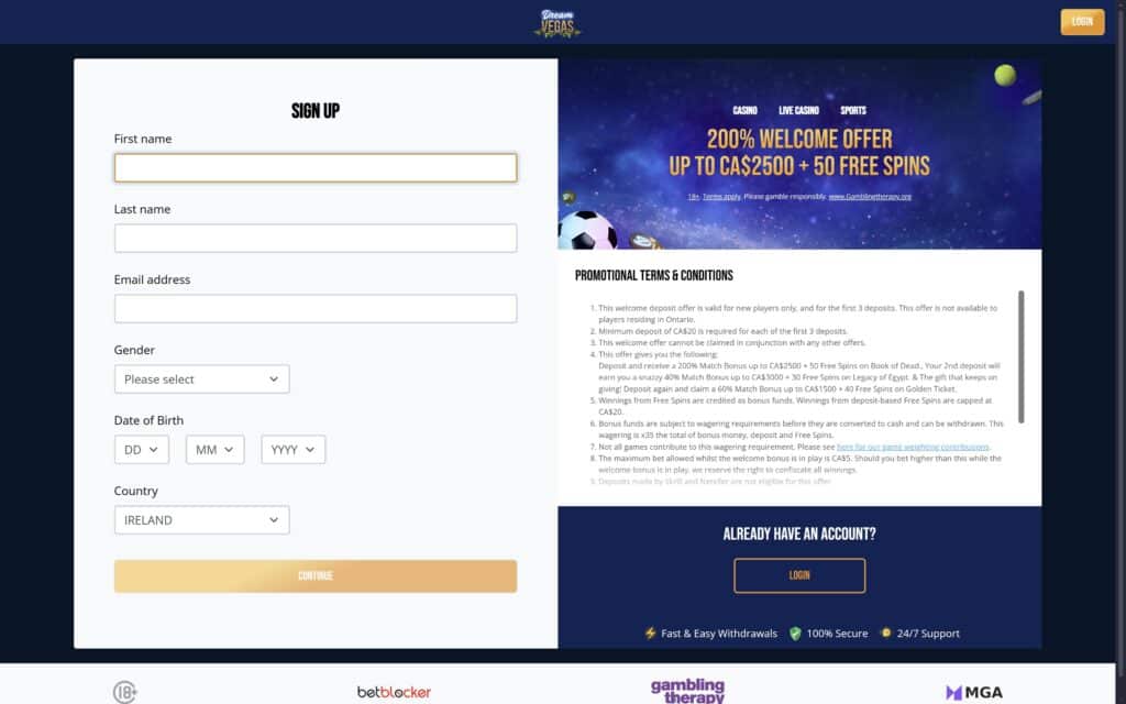 Dream Vegas casino registration