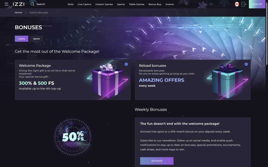 Izzi casino bonuses