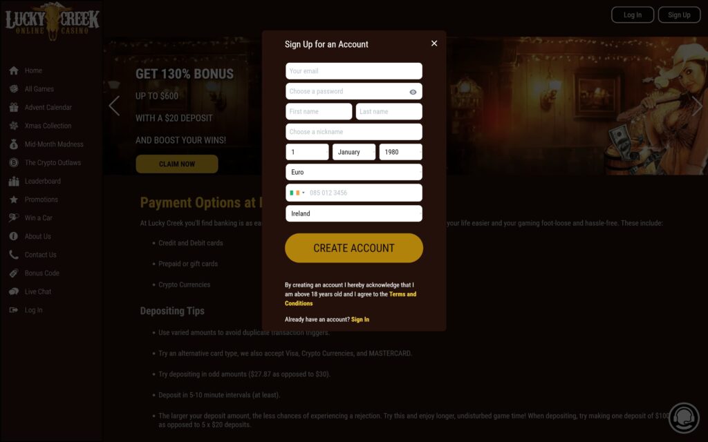 Lucky Creek casino registration