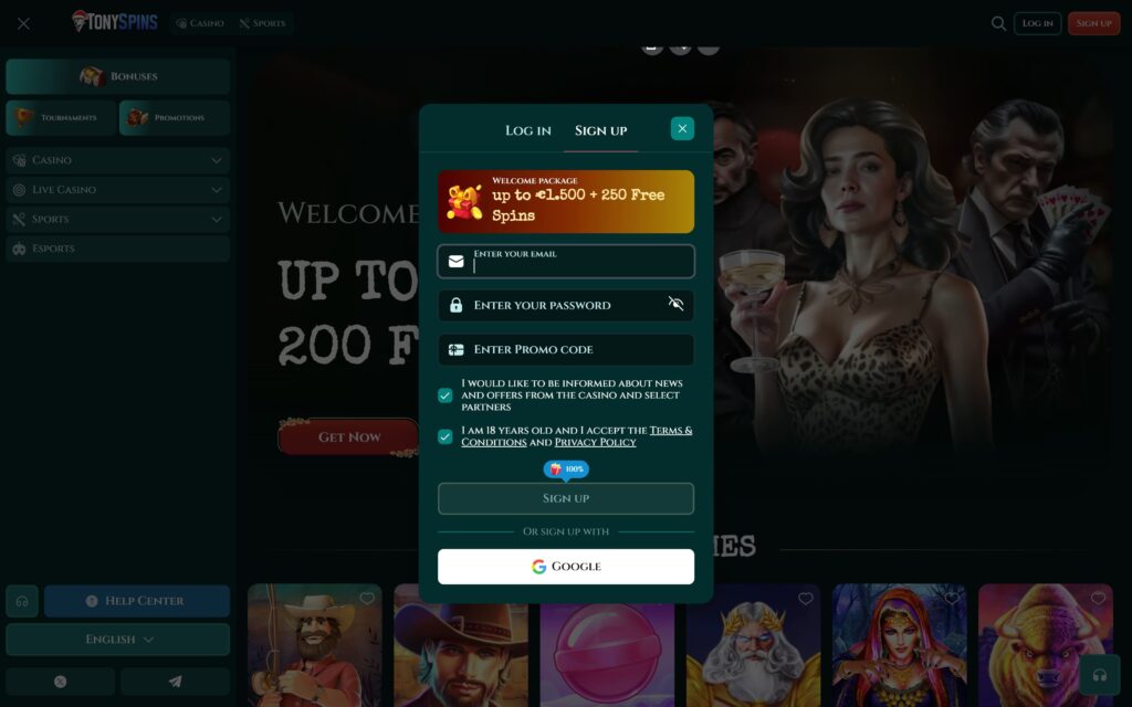 TonySpins casino registration