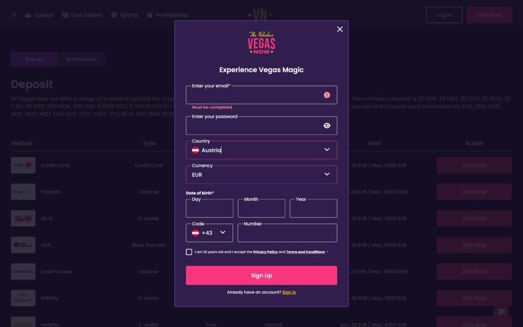 Vegas Now casino registration