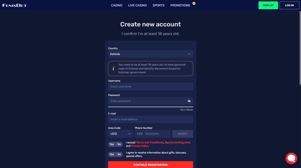 Fenixbet casino registration
